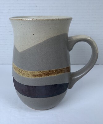 Vtg Handmade Coffee Studio Art Pottery Tall Mug  Ceramic Earth Tone Wave  VC156-image