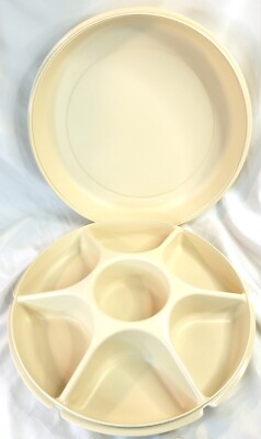 Vtg TUPPERWARE Almond Tupperware Relish & Dip Serving Tray w/ Lid 1665-1 1666-2-image