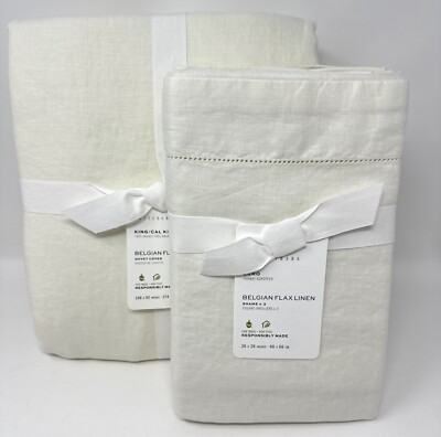 Pottery Barn~Linen Duvet Cover~ Belgian Flax King~Ivory + 3 Euro Shams NEW-image