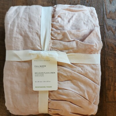 Pottery Barn Belgian Flax Linen Fringe Ruffle Duvet Cover Full/Queen Soft Rose-image