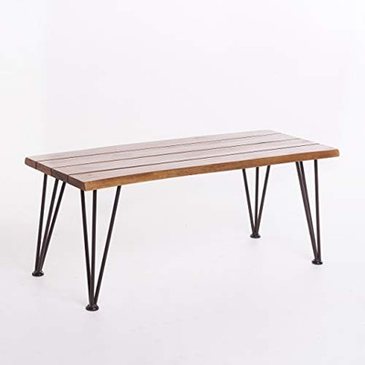  Zion Outdoor Industrial Iron and Teak Finished Acacia Wood Coffee Table, Teak -image