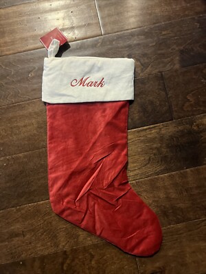 New Pottery Barn Classic Medium Red Ivory Velvet Christmas Stocking Mono Mark-image