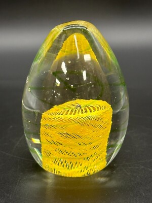 Studio Art Glass Egg Shaped Yellow Green Swirly Paperweight-image