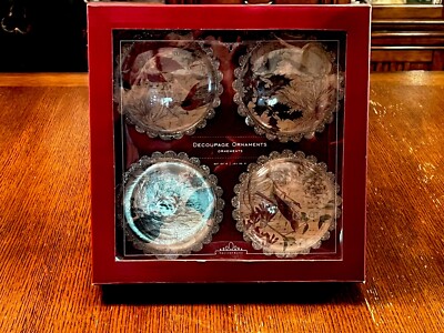 NEW Pottery Barn Winter Birds Song Decoupage Christmas Ornaments Set Of 4 in Box-image