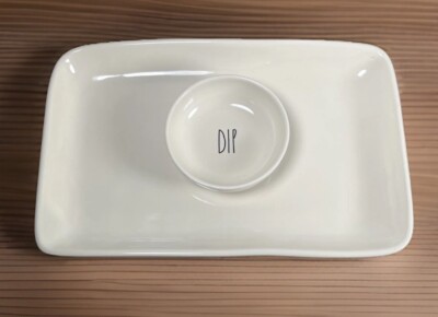 Rae Dunn Chips & DIP Bowl & Platter Ceramic White Football 14” Snack Party Plate-image