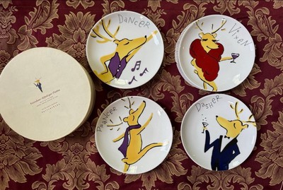 Pottery Barn Reindeer Appetizer Plates (2003) – Set of 4 –-image
