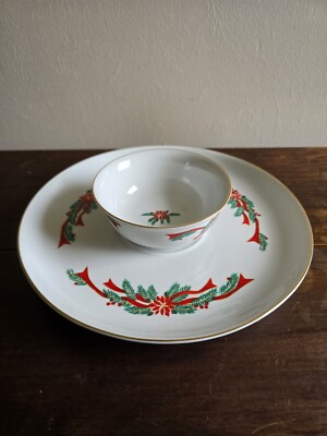 VTG 2pc Set Of Poinsettia & Ribbons Porcelain Fine China Holiday Chip & Dip-image