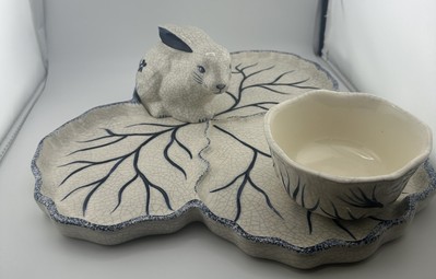 Vintage Dedham Rabbit/Bunny 2 Piece Chip and Dip Set Easter-image