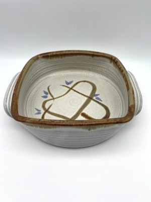 Studio Art Pottery Serving Bowl Stoneware Square Handles Hand Thrown Signed-image