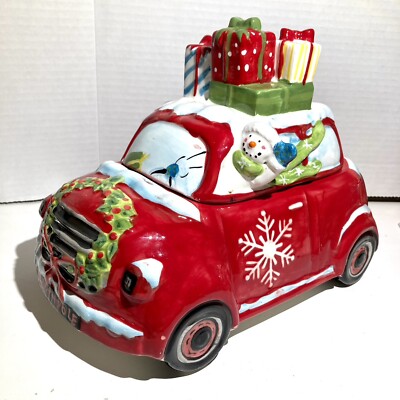 Christmas Cookie Jar Snowman Drive Red Car w Presents 1.28qt Potter’s Studio-image