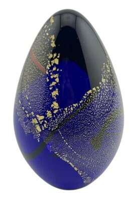 GES 1994 Glass Eye Studio Egg Shaped Paperweight Art Glass Cobalt Blue Dichroic-image