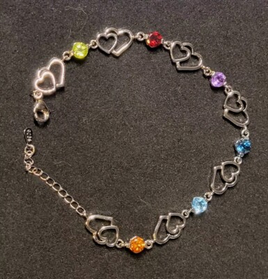 Multi Gemstone Heart 925 Sterling Silver Bracelet 8.5 Inch 0534-image