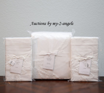 NEW Pottery Barn LULU APPLIQUE F/Q Duvet + 2 Std Shams Set WHITE floral texture-image