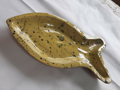 Novel Studio Art FISH shaped DISH yellow, black spotted, signed AH, 8