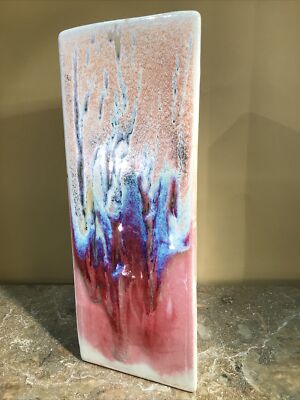 Vtg Signed Studio Art Pottery Triangle Shaped 10.5” Tall glossy Dripped glaze-image