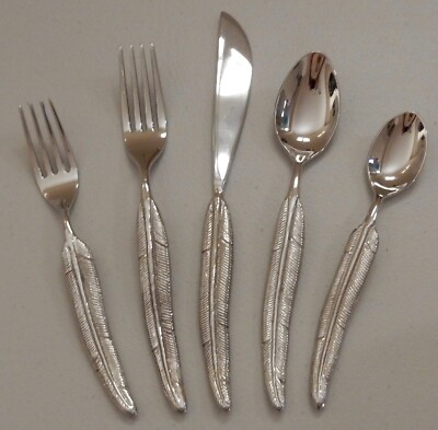 Pottery Barn Quill Feather 5 PC Place Setting Flatware New - NO BOX-image