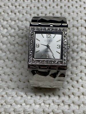 Studio Time Ladies Watch Hinged Cuff Hammered Silver Rhinestone Bezel Wide-image