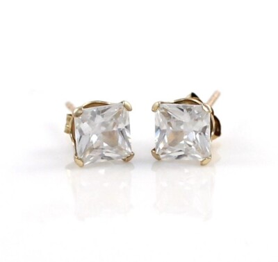 JACMEL Sold 10K Yellow Gold Princess Cut Clear CZ Stud Post Earrings-image