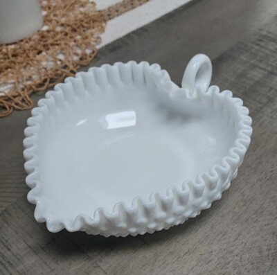 Fenton Milk Glass Hobnail Ruffle Heart Shaped Nappy Dish w Handle Classic VTG-image