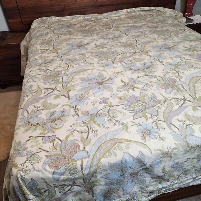 POTTERY BARN King Duvet Cover Blue Floral Brigitte Tan Cream Cotton Reversible-image