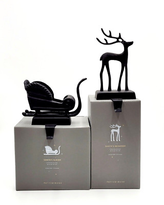Pottery Barn Bronze Santa's Sleigh & Reindeer Stocking Holders Christmas NEW-image
