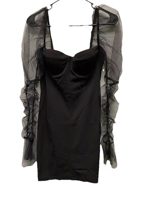 L’Vow Studio Womens Black Mesh-Long-Sleeve Mini Dress Gothic Witchy Vampire Sz L-image