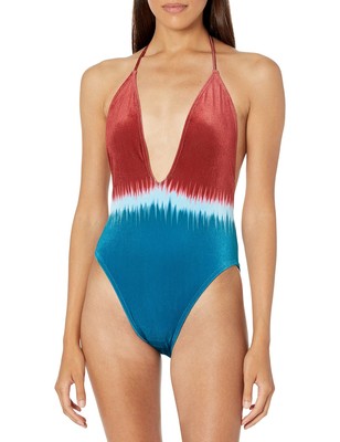 Bikini Lab Junior's Standard Dip Dye Plunge Neck Mio One Piece Swimsuit,Teal, XL-image