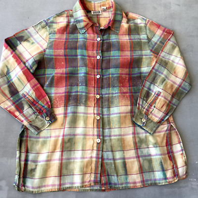 Chicos Shirt Womens 2 Large Linen Plaid Vintage Bleached Dip Dyed Beach Vibes-image