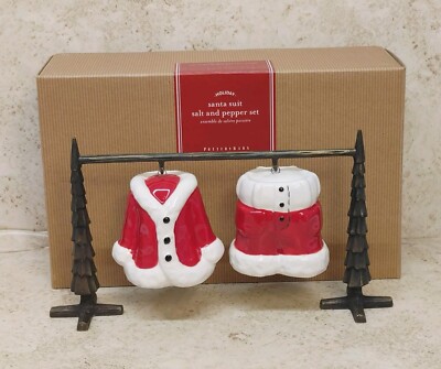Pottery Barn Santa Suit Salt & Pepper Shaker Set Ceramic With Metal Stand Boxed -image