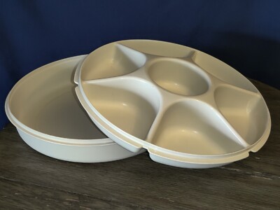Vtg Tupperware Serving Center Tray Off White Veggie Dip 1665-3 & Lid 1666-1-image