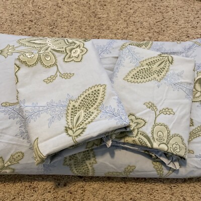 POTTERY BARN  King Duvet Cover & 2 King Shams BLUE GREEN Floral Cotton-image