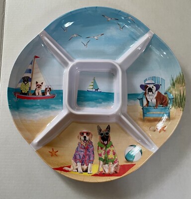 'Dogs at the Shore' Large MelamineWare Partitioned Chips, Veggies & Dip Platter-image