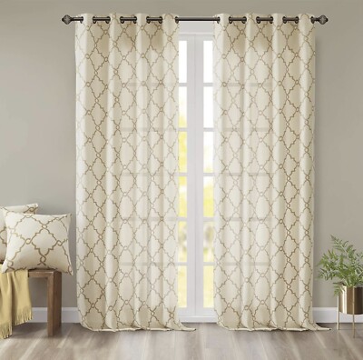 Madison Park Saratoga Window Curtain Panel Grommet Top Drapes, 50x108,Beige/Gold-image