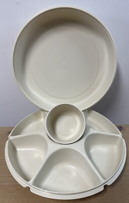 VTG Tupperware 13” Divided Veggie Fruit Dip Snack Party Tray 1665-3 Lid 1666-3-image