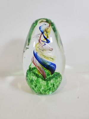 Studio Art Glass Hand Blown Swirled Egg Shaped Jellyfish Paperweight Colourful-image