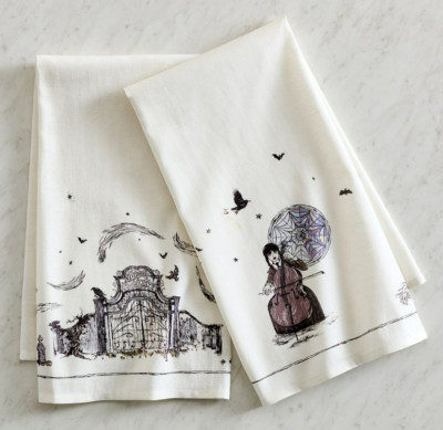 New WEDNESDAY ADDAMS FAMILY Kitchen Tea Towel Set of 2~Cotton/Linen~Pottery Barn-image