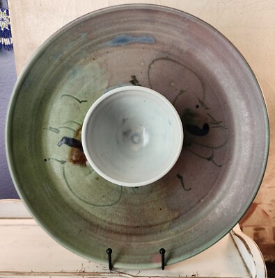 Handthrown Colorful 14 Inch Diameter Chip And Dip Platter Hand Painted Signed-image