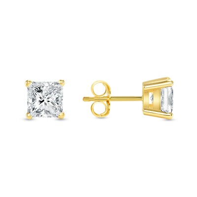1.5 Ct Princess Cut Earrings Studs Real Solid 18K Yellow Gold Push Back Basket-image