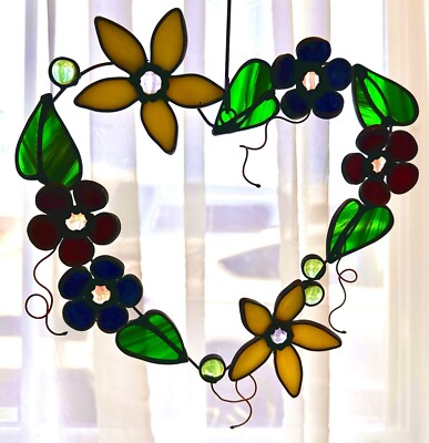 Heart Shaped Wreath of Flowers in Stained Glass-image
