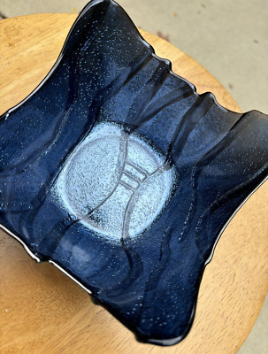 Studio Silversmiths Blue Silver Foil Art Glass Reverse Hand Painted  Bowl 5