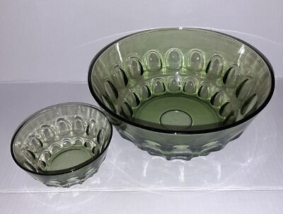 Vintage Thumbprint  REFLECTION Green Glass Chip & Dip Bowl SET Large & Small-image