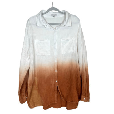 White Birch Gauze Cotton Shirt Button Up Large Brown White Top Long Sleeve Ombre-image