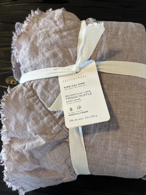 POTTERY BARN Belgian Flax Linen Fringe Ruffle KING/CAL-KING Duvet - NEW Lavender-image