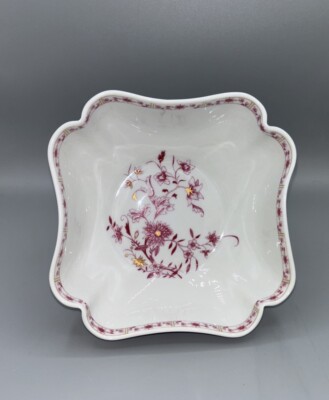A VIGNAUD 2 1/4”x 6 1/2” SQ SCALLOPED BOWL Limoges FRANCE Cranberry Floral Motif-image
