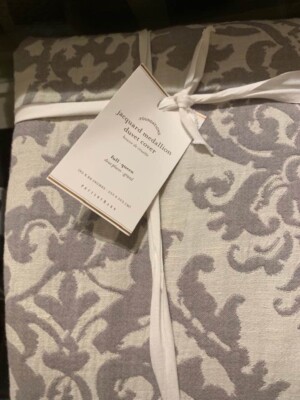 POTTERY BARN Jacquard Linen Medallion Full Queen Duvet & 2 Standard Shams Gray-image