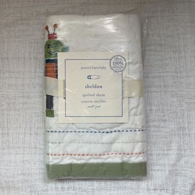 Vtg Pottery Barn Quilted Sham Baby “Sheldon” Robot Organic Cotton-image