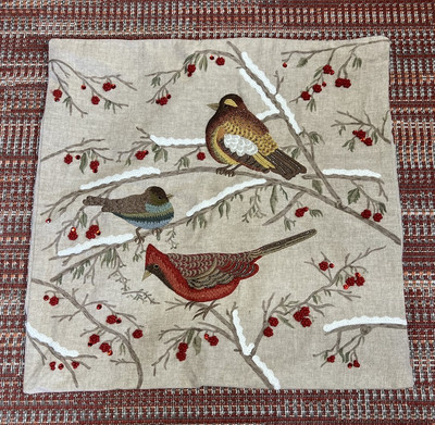 Pottery Barn Linen Cotton Embroidered Birds Euro Sham Cardinal Winter Snow-image
