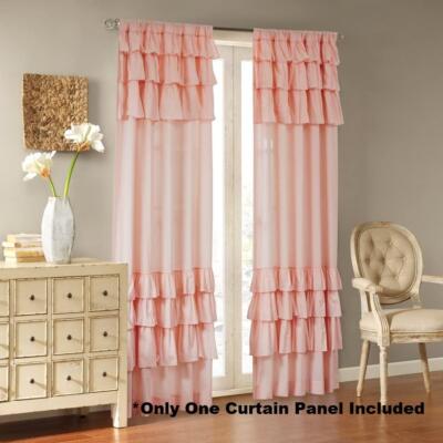 New Madison Park Anna Cotton Cottage Ruffle Window 1-Panel Curtain, Pink 50x63-image
