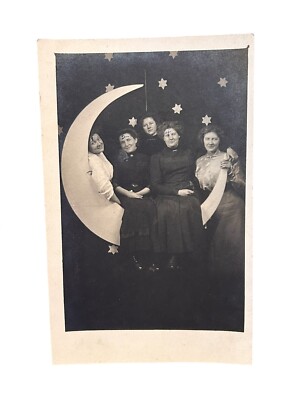 Woman Ornate Deco Paper Moon RPPC Studio Image Early View Antique Vtg  postcard-image