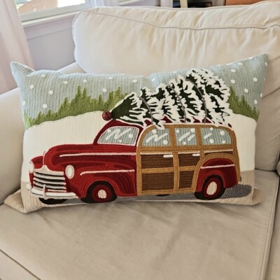Pottery Barn WOODY CAR Crewel Embroidered Pillow Cover with Down Pillow Insert-image